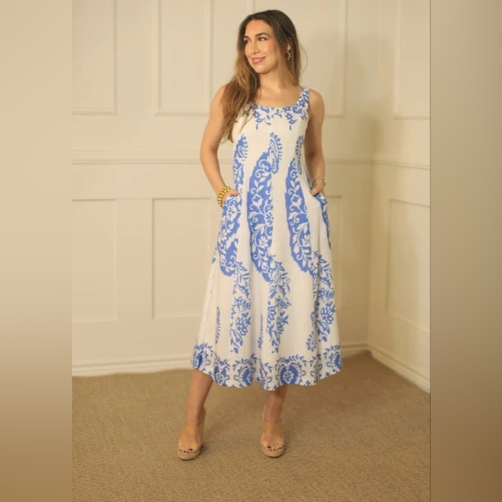 NWT THML White Blue Midi‎ Print Dress mediterranean